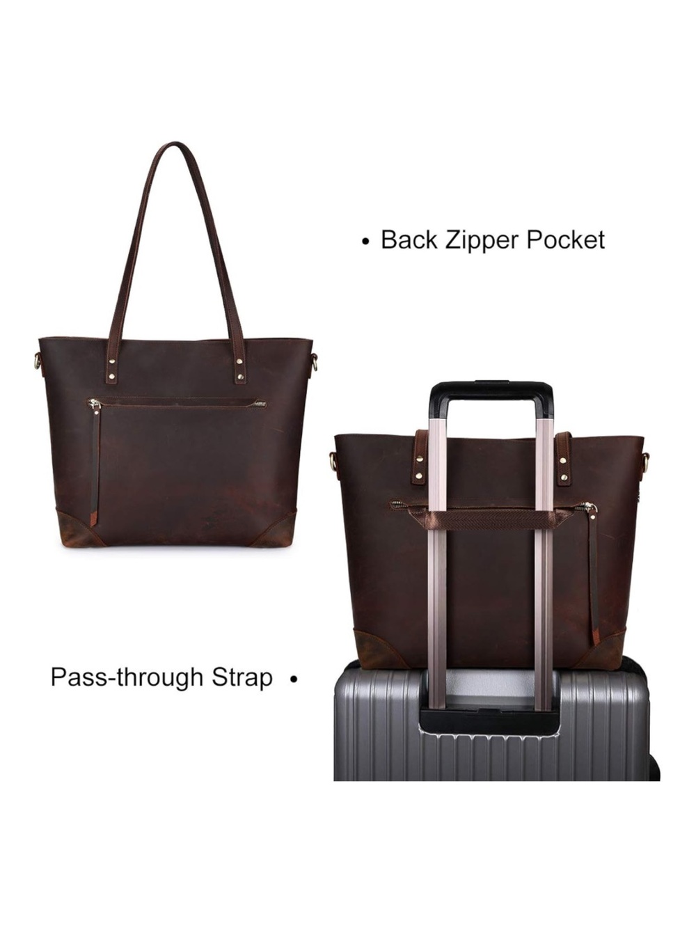 S-ZONE Dark Brown Vintage Genuine Leather Shoulder Bag Large Work Tote - Picture 7 of 13